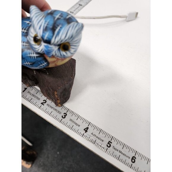 Vintage 1988 Enesco Hand Painted Ceramic Blue Owl Figurine Mounted On Wood Decor - Picture 8 of 9